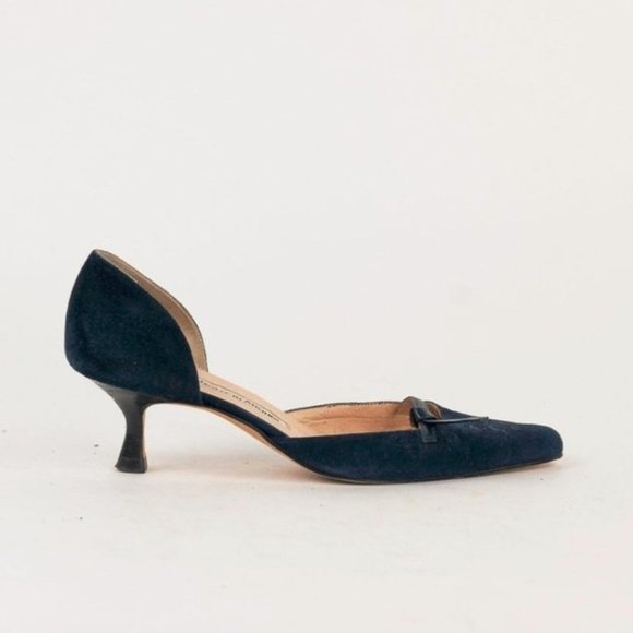 Manolo Blahnik Navy Suede Bow Kitten Heels - Picture 1 of 6